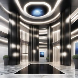 Construct an image of an intricately detailed, sleekly designed, virtual space-themed lobby that promotes solar products and inverters