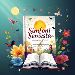 An artistic representation of a book titled 'Simfoni Semesta', an anthology of poems about life and spirit, compiled by students and teachers of a vocational high school