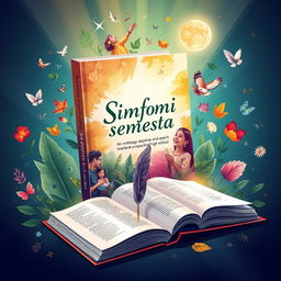 An artistic representation of a book titled 'Simfoni Semesta', an anthology of poems about life and spirit, compiled by students and teachers of a vocational high school