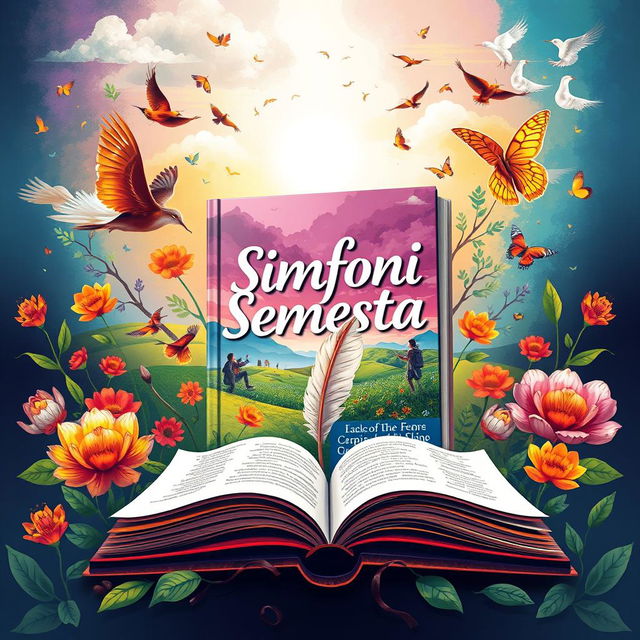 An artistic representation of a book titled 'Simfoni Semesta', an anthology of poems about life and spirit, compiled by students and teachers of a vocational high school