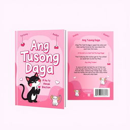 A playful pink themed book cover featuring the title "Ang Tusong Daga" in a fun and bold font