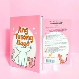 A playful pink themed book cover featuring the title "Ang Tusong Daga" in a fun and bold font