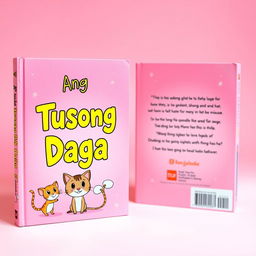 A playful pink themed book cover featuring the title "Ang Tusong Daga" in a fun and bold font