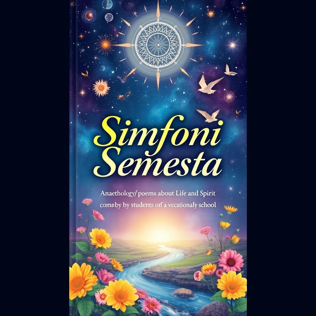 A captivating book cover design for 'Simfoni Semesta', an anthology of poems about life and spirit compiled by students and teachers of a vocational school