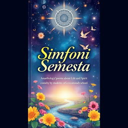 A captivating book cover design for 'Simfoni Semesta', an anthology of poems about life and spirit compiled by students and teachers of a vocational school