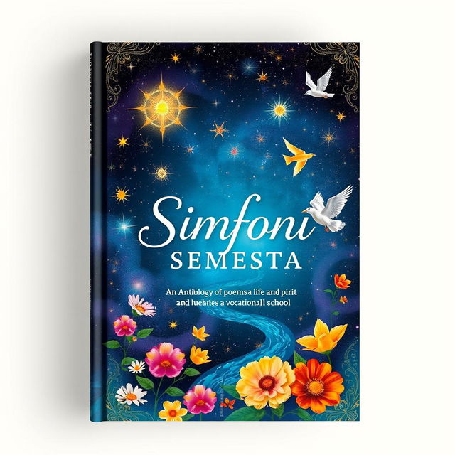 A captivating book cover design for 'Simfoni Semesta', an anthology of poems about life and spirit compiled by students and teachers of a vocational school