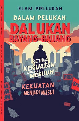 A book cover design titled 'Dalam Pelukan Bayang-Bayang', featuring a political theme set in the 1980s