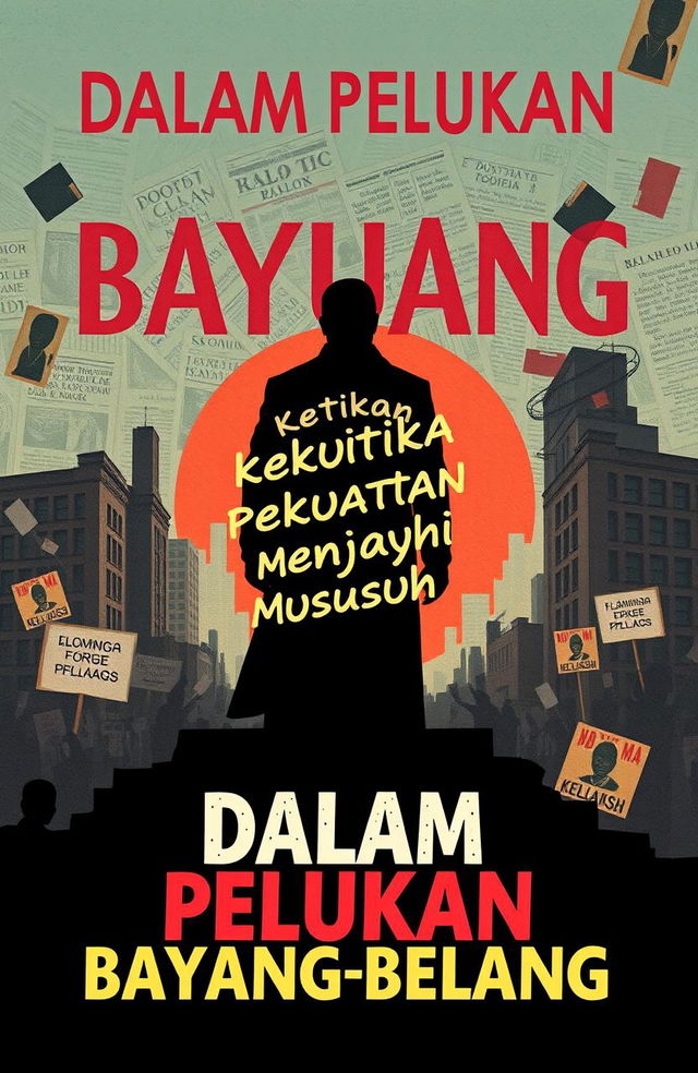 A book cover design titled 'Dalam Pelukan Bayang-Bayang', featuring a political theme set in the 1980s