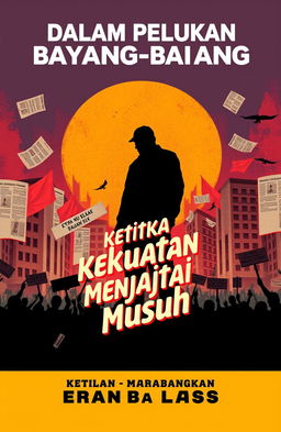 A book cover design titled 'Dalam Pelukan Bayang-Bayang', featuring a political theme set in the 1980s