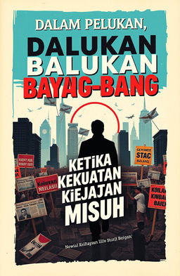 A book cover design titled 'Dalam Pelukan Bayang-Bayang', featuring a political theme set in the 1980s