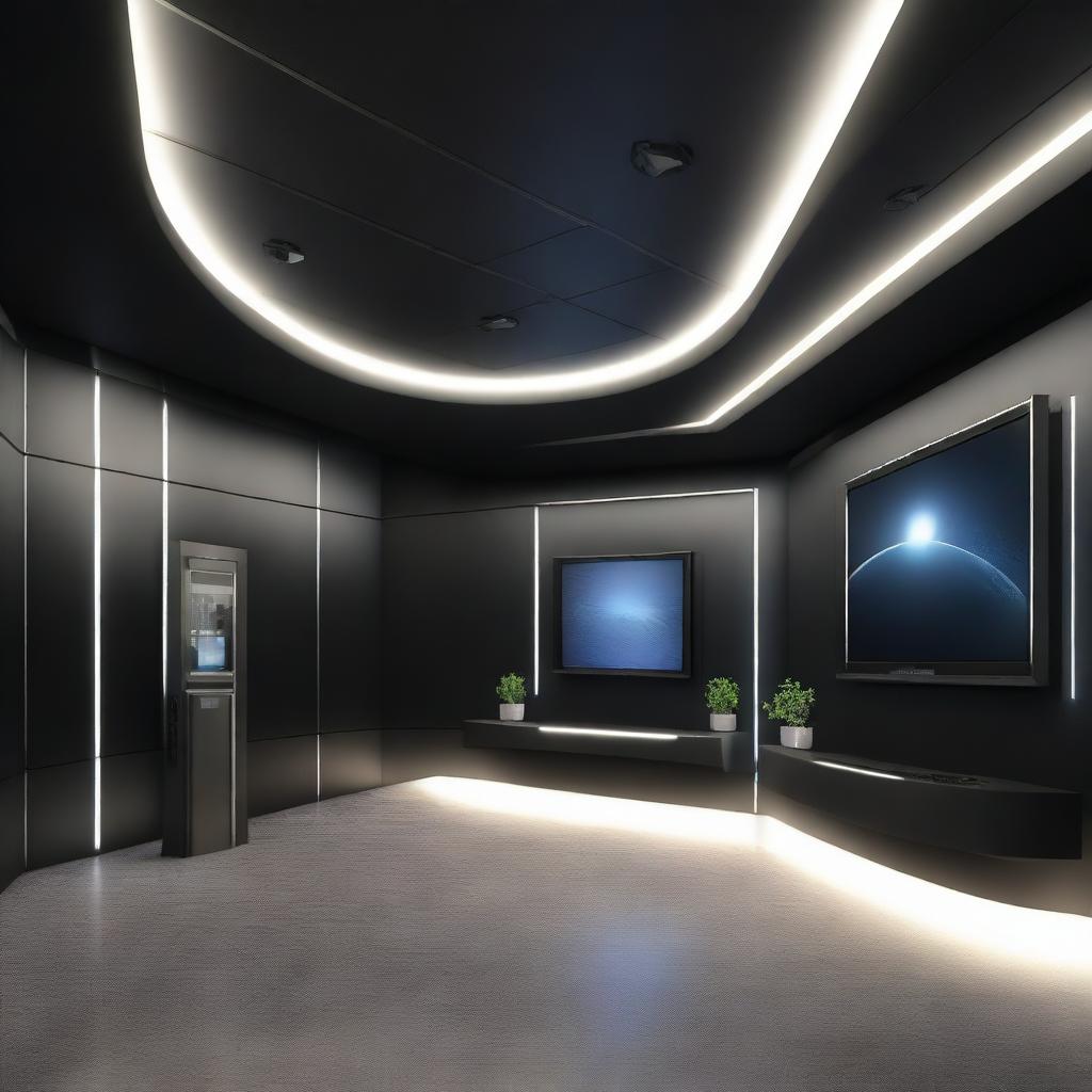 Create a detailed, sleek virtual space-themed lobby that promotes solar products and inverters