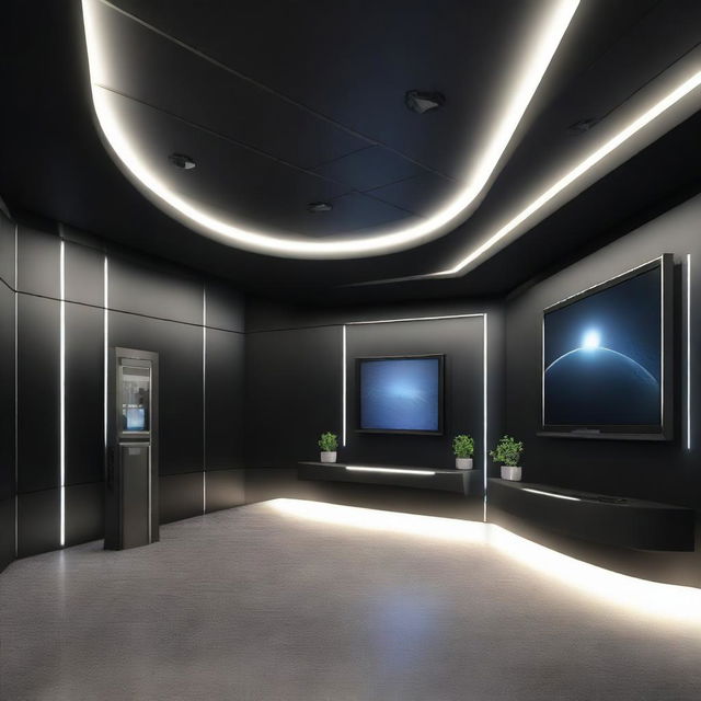 Create a detailed, sleek virtual space-themed lobby that promotes solar products and inverters