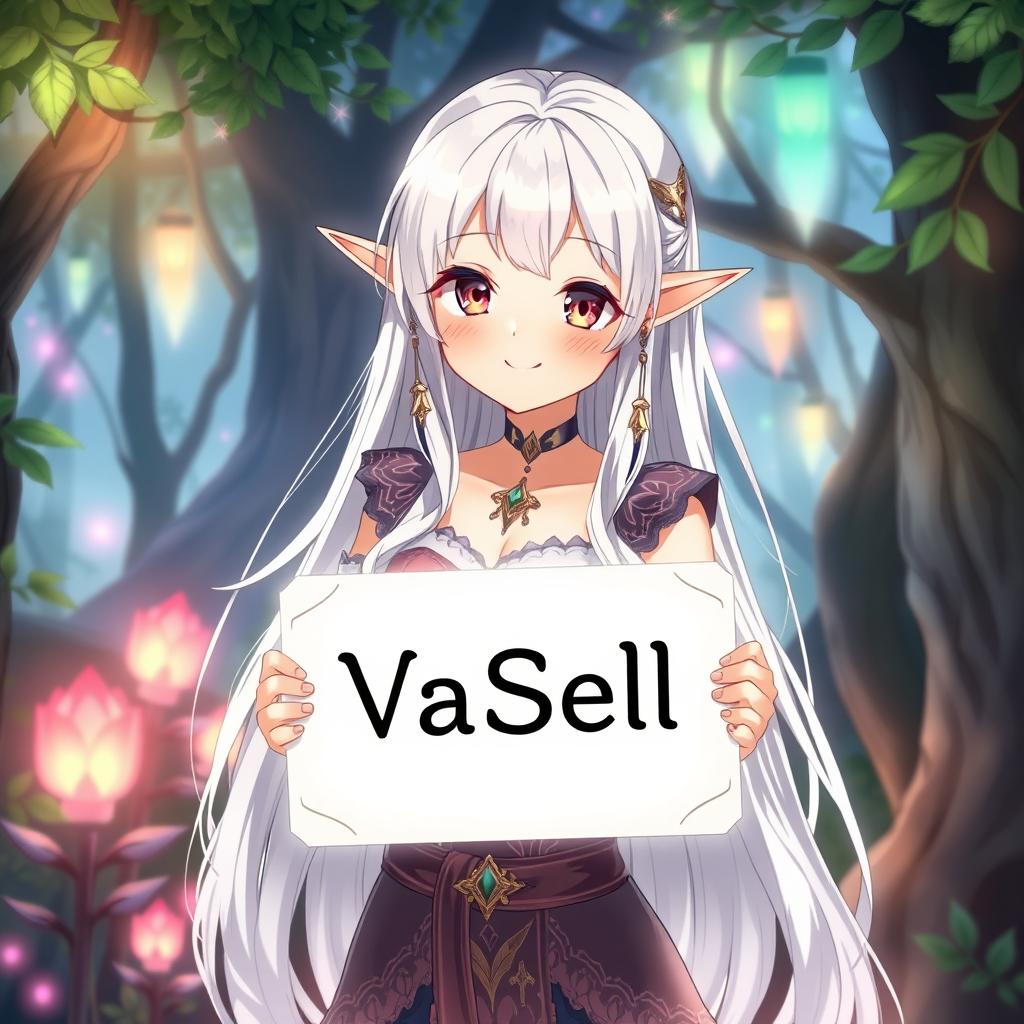 An anime girl with long white hair, resembling an elf, medium-sized breasts, holding a sign that has the text written in VaSell font