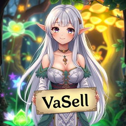 An anime girl with long white hair, resembling an elf, medium-sized breasts, holding a sign that has the text written in VaSell font
