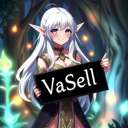 An anime girl with long white hair, resembling an elf, medium-sized breasts, holding a sign that has the text written in VaSell font