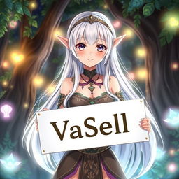 An anime girl with long white hair, resembling an elf, medium-sized breasts, holding a sign that has the text written in VaSell font