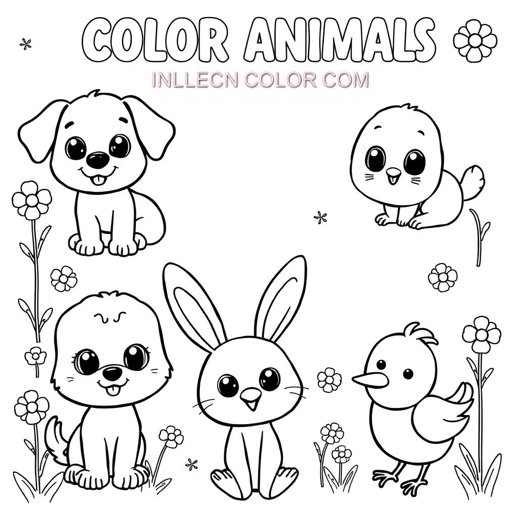 A charming collection of cute animals designed for children to color, illustrated in a playful black and white style