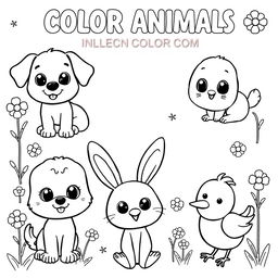 A charming collection of cute animals designed for children to color, illustrated in a playful black and white style