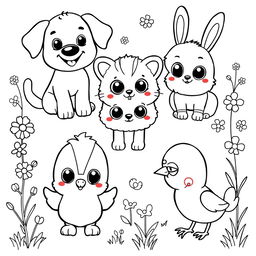 A charming collection of cute animals designed for children to color, illustrated in a playful black and white style