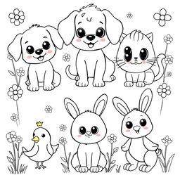 A charming collection of cute animals designed for children to color, illustrated in a playful black and white style