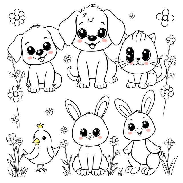 A charming collection of cute animals designed for children to color, illustrated in a playful black and white style