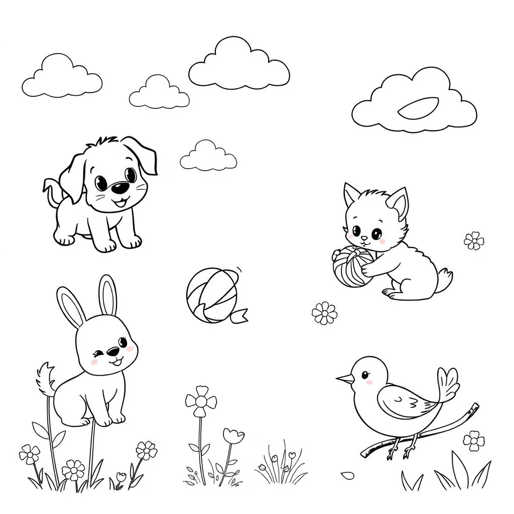 An adorable assortment of cute animals for children's coloring activities, presented in a delightful black and white design