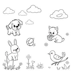 An adorable assortment of cute animals for children's coloring activities, presented in a delightful black and white design