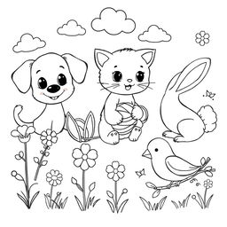 An adorable assortment of cute animals for children's coloring activities, presented in a delightful black and white design