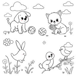 An adorable assortment of cute animals for children's coloring activities, presented in a delightful black and white design