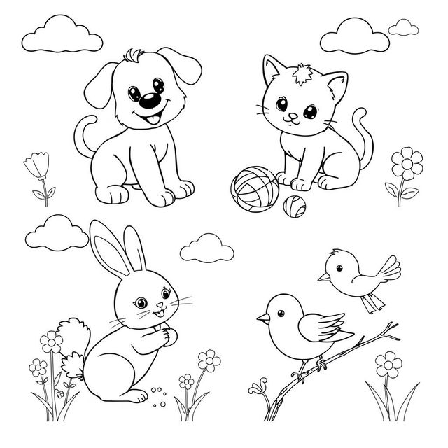 An adorable assortment of cute animals for children's coloring activities, presented in a delightful black and white design