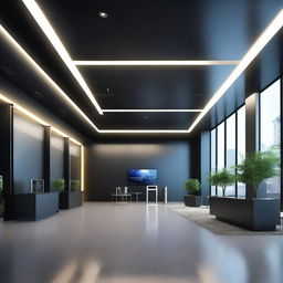 Create a detailed, sleek virtual space-themed lobby that promotes solar products and inverters