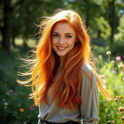 A gorgeous red-haired woman with flowing locks, standing gracefully in a serene natural setting