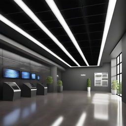 Create a detailed, sleek virtual space-themed lobby that promotes solar products and inverters