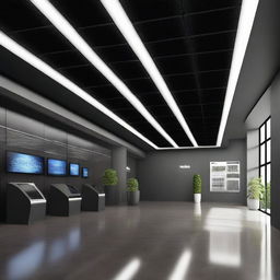 Create a detailed, sleek virtual space-themed lobby that promotes solar products and inverters