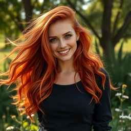 A gorgeous red-haired woman with flowing locks, standing gracefully in a serene natural setting