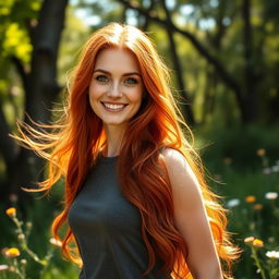 A gorgeous red-haired woman with flowing locks, standing gracefully in a serene natural setting