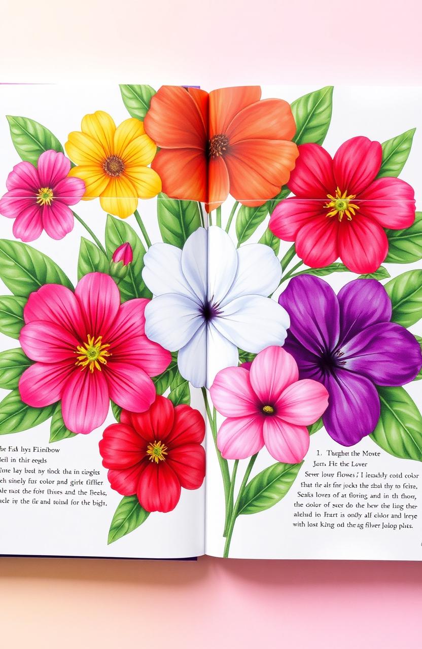 A beautifully illustrated book featuring seven vibrant flowers, each representing a different color of the rainbow