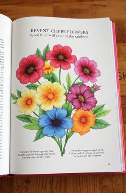 A beautifully illustrated book featuring seven vibrant flowers, each representing a different color of the rainbow