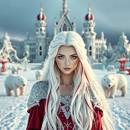 A fantastic princess with long white hair featuring red streaks and striking white eyes, posed front and center