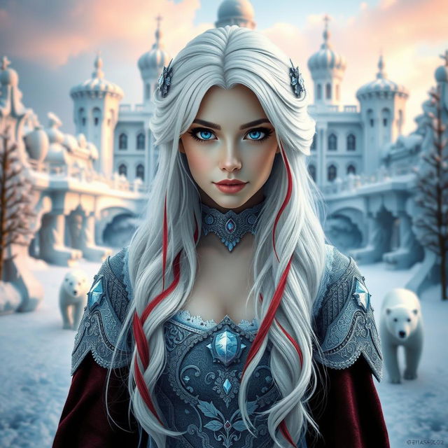 A fantastic princess with long white hair featuring red streaks and striking white eyes, posed front and center