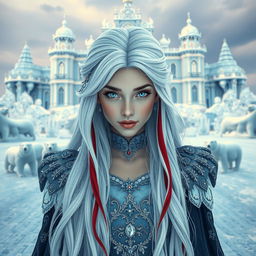 A fantastic princess with long white hair featuring red streaks and striking white eyes, posed front and center