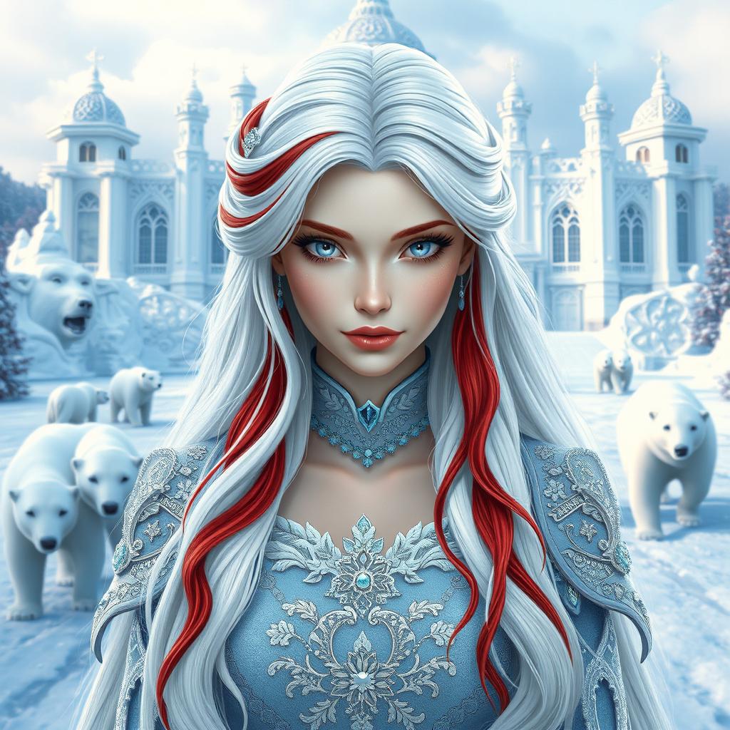 A fantastic princess with long white hair featuring red streaks and striking white eyes, posed front and center