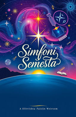 An artistic cover design for an anthology titled 'Simfoni Semesta', featuring motifs of poetry and education intertwined
