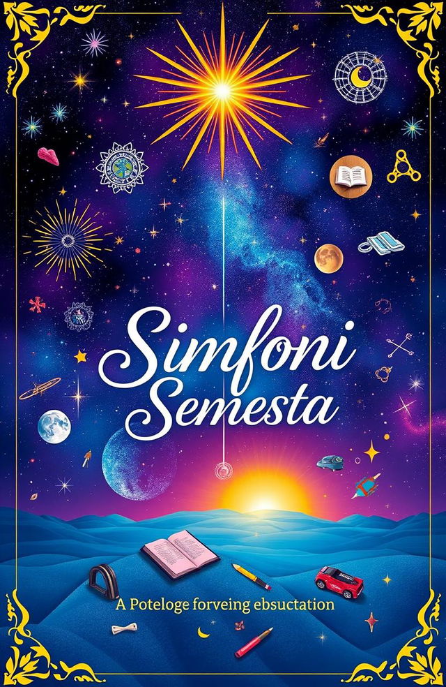 An artistic cover design for an anthology titled 'Simfoni Semesta', featuring motifs of poetry and education intertwined