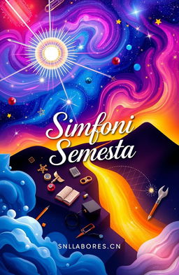 An artistic cover design for an anthology titled 'Simfoni Semesta', featuring motifs of poetry and education intertwined