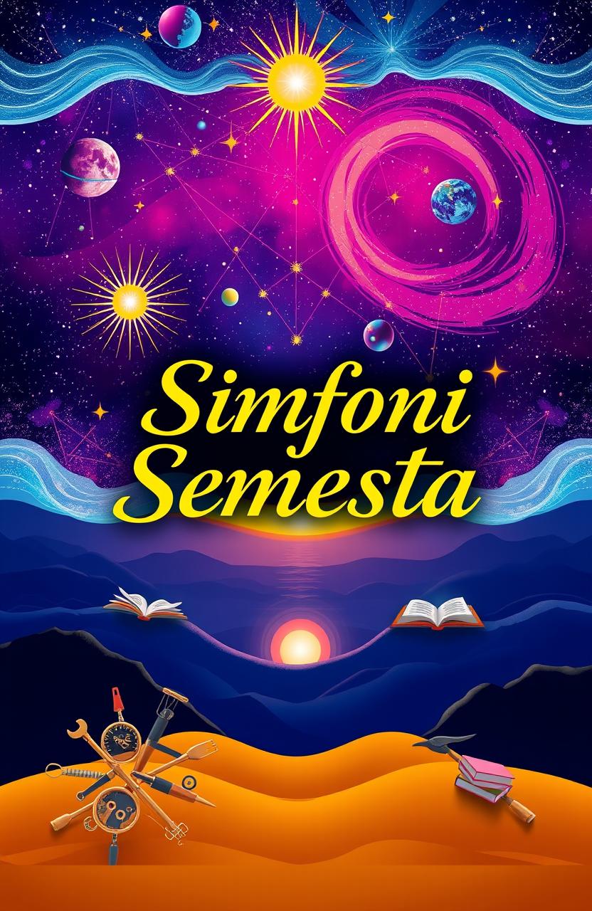 An artistic cover design for an anthology titled 'Simfoni Semesta', featuring motifs of poetry and education intertwined