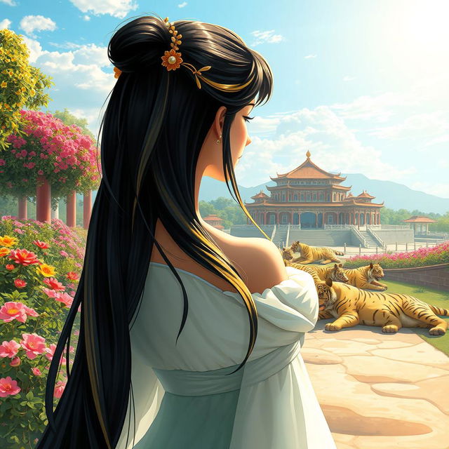 A fantastic princess with long black hair featuring blonde streaks, seen from the back and positioned in the center of the image