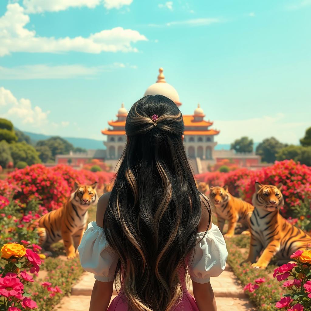 A fantastic princess with long black hair featuring blonde streaks, seen from the back and positioned in the center of the image