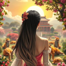 A fantastic princess with long black hair featuring blonde streaks, seen from the back and positioned in the center of the image