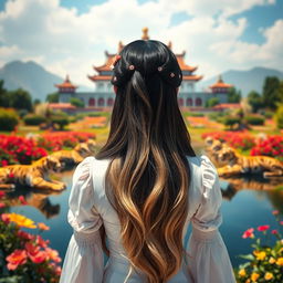 A fantastic princess with long black hair featuring blonde streaks, seen from the back and positioned in the center of the image
